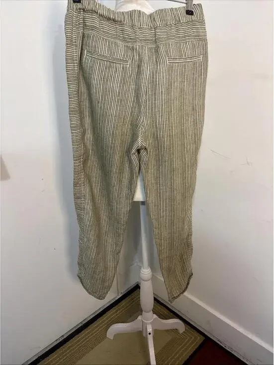 By Anthropologie Pants Womens XSmall Green Stripe 100% Linen Pull On Ankle Crop - Picture 12 of 16